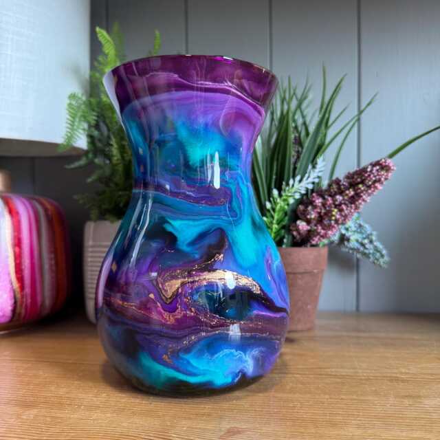 Hand Decorated 18cm Tall Glass Vase Pink, Purple, Turquoise, Silver Copper Or Gold - image 1
