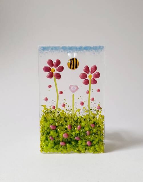 Fused Glass Tealight Holder Pink Daisies Heart Bee Mothers Day Birthday Gift Handmade - image 1