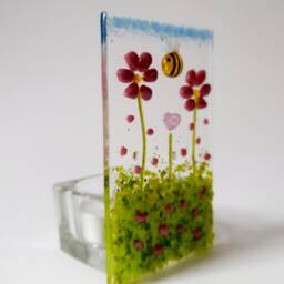 Fused Glass Tealight Holder Pink Daisies Heart Bee Mothers Day Birthday Gift Handmade - thumbnail 3