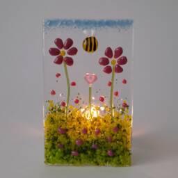 Fused Glass Tealight Holder Pink Daisies Heart Bee Mothers Day Birthday Gift Handmade - thumbnail 2