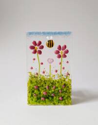 Fused Glass Tealight Holder Pink Daisies Heart Bee Mothers Day Birthday Gift Handmade - thumbnail 1