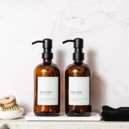 Glass Soap Dispenser Bottle, Metal Pump, Black Label, Hand Dish Soap, Refillable, Set, Minimalist, Housewarming Gift - thumbnail 2