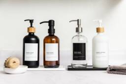 Glass Soap Dispenser Bottle, Metal Pump, Black Label, Hand Dish Soap, Refillable, Set, Minimalist, Housewarming Gift