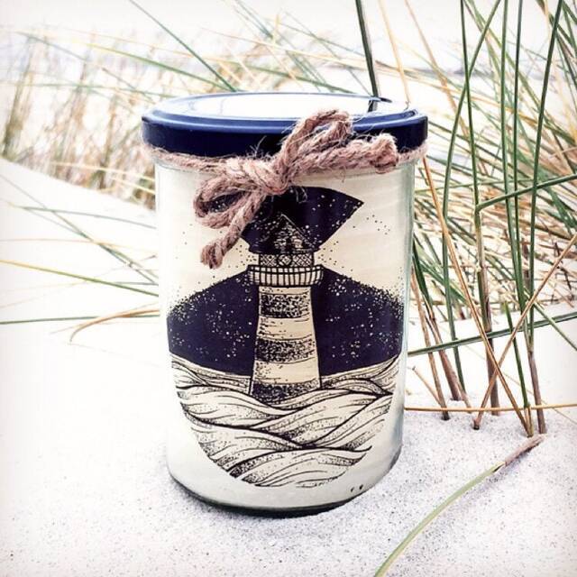 Handmade Candle in A Glass Jar Made From Recycled Wax, Lighthouse Print, Hand-Drawn Sea. Jar Candle. Recycling Sea - image 1