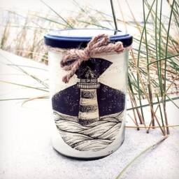 Handmade Candle in A Glass Jar Made From Recycled Wax, Lighthouse Print, Hand-Drawn Sea. Jar Candle. Recycling Sea - thumbnail 1