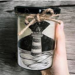 Handmade Candle in A Glass Jar Made From Recycled Wax, Lighthouse Print, Hand-Drawn Sea. Jar Candle. Recycling Sea - thumbnail 2