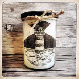 Handmade Candle in A Glass Jar Made From Recycled Wax, Lighthouse Print, Hand-Drawn Sea. Jar Candle. Recycling Sea - thumbnail 3