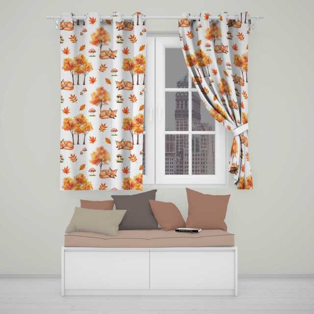 Cute Autumn Fox Leaves Mushrooms Watercolor Neutral Seamless Pattern Readymade Eyelet Ring Top Thermal 100% Blackout Curtains - image 1