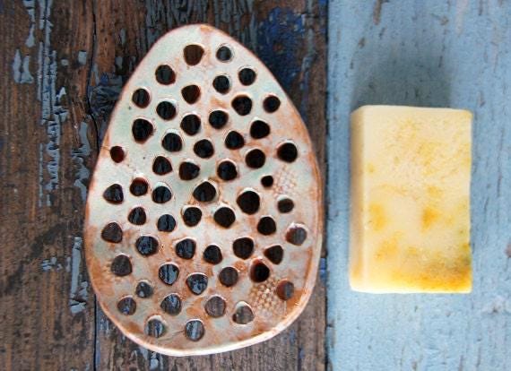 Rustic Soap Dish-Green Ceramic Holder Handmade Dish-Bathroom Decor - image 1