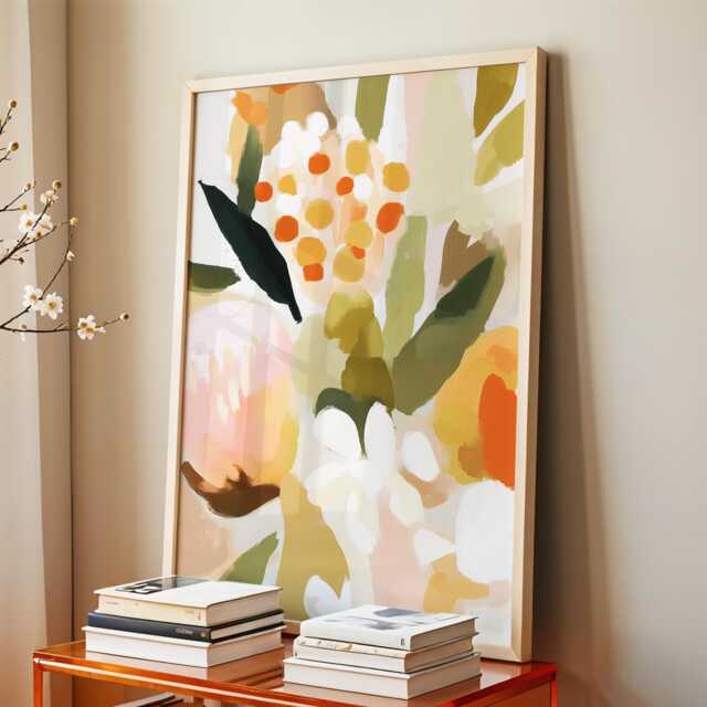Boho Floral Wall Art Botanical Painting Neutral Pastel Flower Large Room Decor Framed Scandinavian Nature Poster Print - image 1
