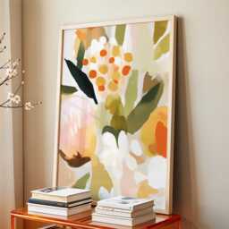 Boho Floral Wall Art Botanical Painting Neutral Pastel Flower Large Room Decor Framed Scandinavian Nature Poster Print - thumbnail 1