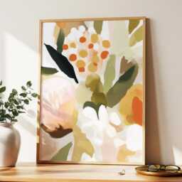 Boho Floral Wall Art Botanical Painting Neutral Pastel Flower Large Room Decor Framed Scandinavian Nature Poster Print - thumbnail 2