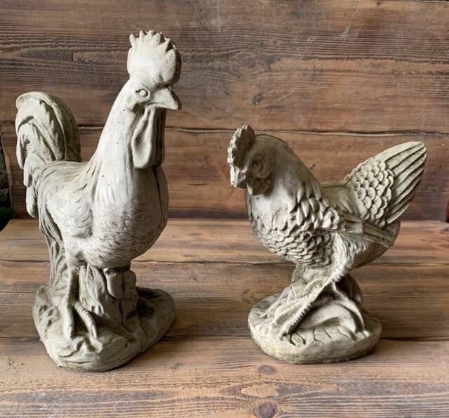 stone Garden Pair Of Chicken Hen & Cockerel Rooster Ornaments - image 1