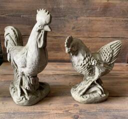 stone Garden Pair Of Chicken Hen & Cockerel Rooster Ornaments - thumbnail 1