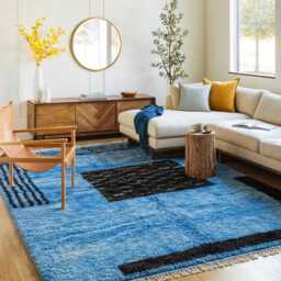 Moroccan Blue Berber Rug, Handwoven Wool Shag Rug With Geometric Squares, Authentic Beni Ourain Style Carpet, Large 9x12 Area - thumbnail 2