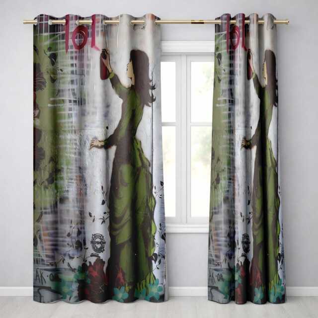 Woman in Green Dress Floral Urban Graffiti Artistic Artwork For Living Room Decor Readymade Eyelet Ring Top Thermal 100% Blackout Curtains - image 1