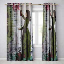Woman in Green Dress Floral Urban Graffiti Artistic Artwork For Living Room Decor Readymade Eyelet Ring Top Thermal 100% Blackout Curtains - thumbnail 1