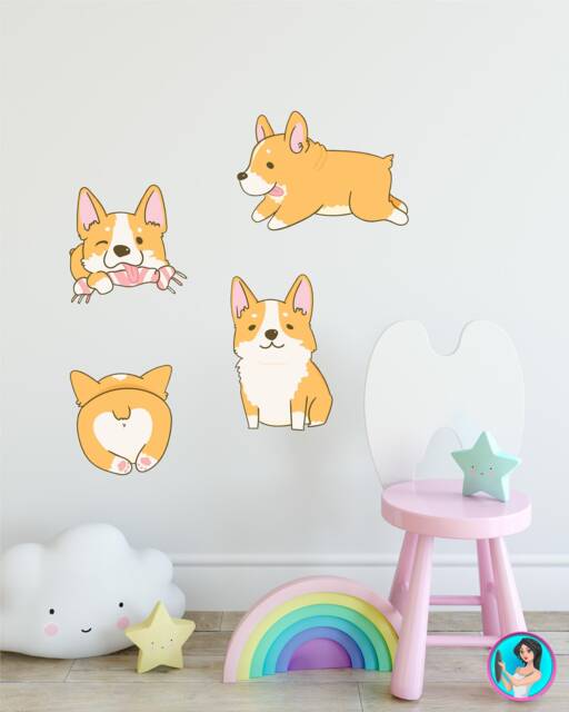 Cute Corgi Wall Decal Set Removable Fabric Sticker For Childrens Room Decor Gift Kids - 4 Piece