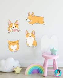 Cute Corgi Wall Decal Set Removable Fabric Sticker For Childrens Room Decor Gift Kids - 4 Piece