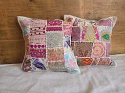 Vintage Sari Patchwork Cushion Covers - Set Of 2 Embroidered Indian Pillows