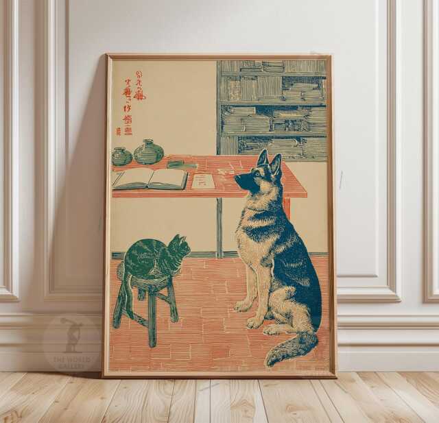 German Shepherd Poster Print - Dog & Cat At Desk Reading Illustration Vintage Line Art Animal Wall - image 1