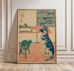 German Shepherd Poster Print - Dog & Cat At Desk Reading Illustration Vintage Line Art Animal Wall - thumbnail 1