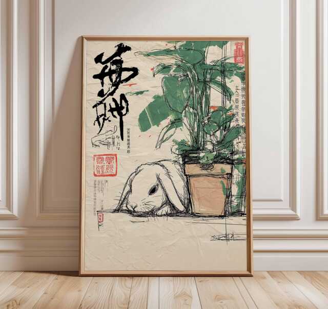 Japanese Rabbit Poster Asian Ink Wall Art Bunny Print With Plant Pot Zen Animal Artwork Minimalist Oriental Home Decor - image 1