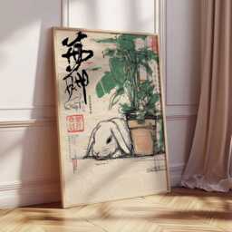 Japanese Rabbit Poster Asian Ink Wall Art Bunny Print With Plant Pot Zen Animal Artwork Minimalist Oriental Home Decor - thumbnail 2