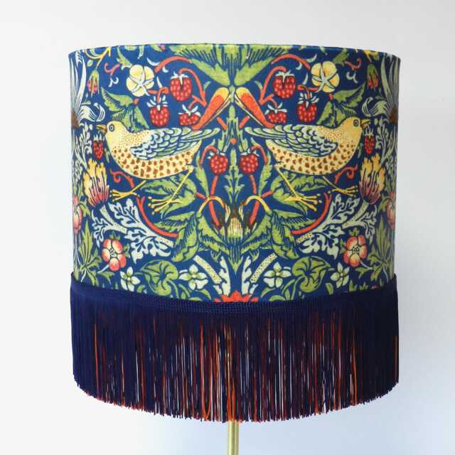 Handmade Navy Velvet Lampshade William Morris Strawberry Thief, Optional Fringe - image 1