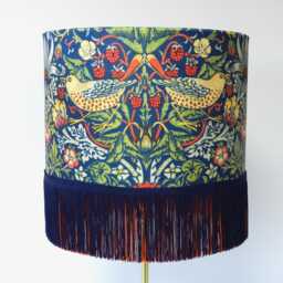Handmade Navy Velvet Lampshade William Morris Strawberry Thief, Optional Fringe - thumbnail 1