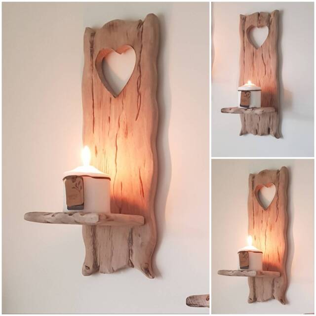 Single Solid Oak Handmade Candle Sconce With Heart Cut Out Detail Candles Etc Not Inc - image 1