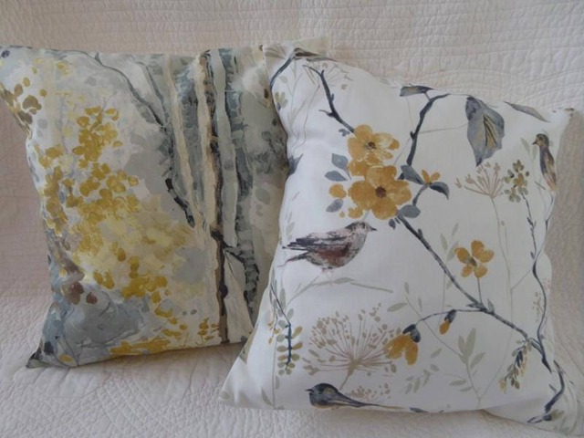 Bird & Tree Print Cushion Covers, Saffron Yellow & Grey - Set Of 2 16 Inch - image 1