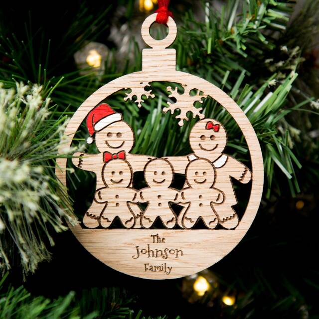 Christmas Decorations, Personalised Bauble, Wood Engraved Xmas Ornament, Gingerbread Family - image 1