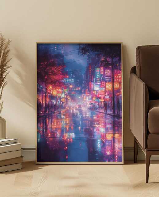 Korean Neon Street Art Print Blue Pink Dreamy Night - image 1
