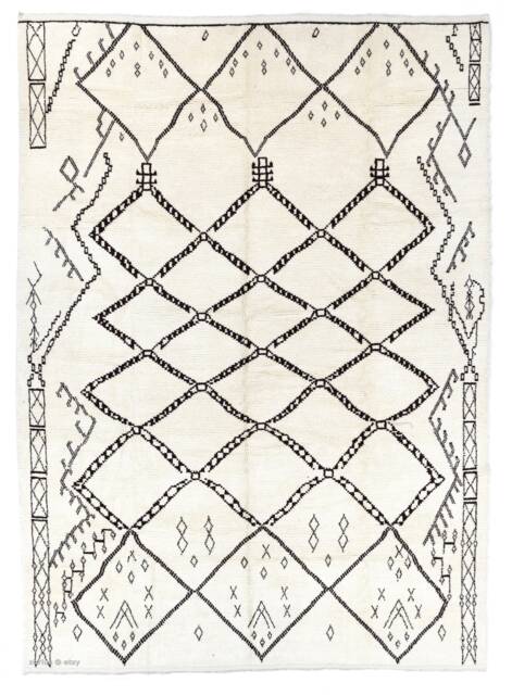 Handmade Beni Ourain Rug White Berber Rug With Black Diamond Pattern - image 1