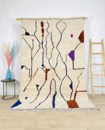 Minimalist Line Moroccan Rug, Cream Abstract Berber Carpet, Handmade Shag Large Area Scandi Modern Wool Rug