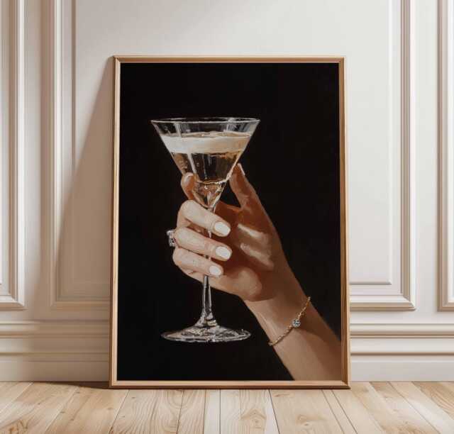 Champagne Glass Hand Wall Art Print, Modern Cocktail Poster, Glamorous Bar Decor, Minimalist Drink Painting, Elegant Party Artwork - image 1