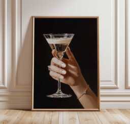 Champagne Glass Hand Wall Art Print, Modern Cocktail Poster, Glamorous Bar Decor, Minimalist Drink Painting, Elegant Party Artwork - thumbnail 1