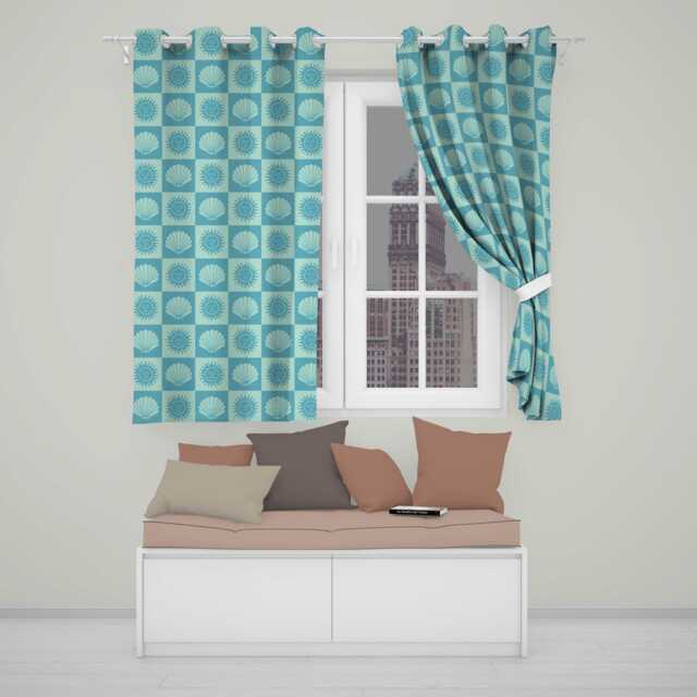Boho Sun & Shells Checkerboard Teal Seamless Pattern Readymade Eyelet Ring Top Thermal 100% Blackout Curtains - image 1