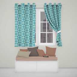 Boho Sun & Shells Checkerboard Teal Seamless Pattern Readymade Eyelet Ring Top Thermal 100% Blackout Curtains - thumbnail 1