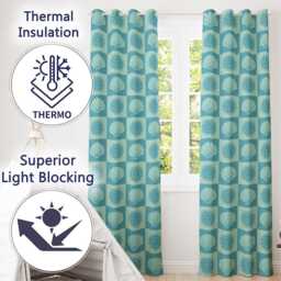 Boho Sun & Shells Checkerboard Teal Seamless Pattern Readymade Eyelet Ring Top Thermal 100% Blackout Curtains - thumbnail 3