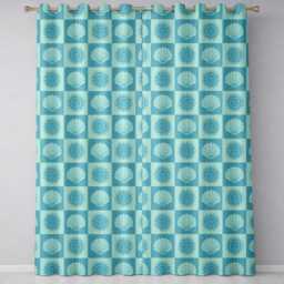 Boho Sun & Shells Checkerboard Teal Seamless Pattern Readymade Eyelet Ring Top Thermal 100% Blackout Curtains - thumbnail 2