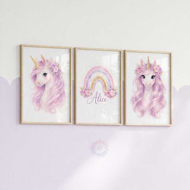 Unicorn Girls Bedroom Prints - Personalised Purple Set Of 3, Rainbow Nursery Wall Art - image 1