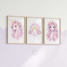 Unicorn Girls Bedroom Prints - Personalised Purple Set Of 3, Rainbow Nursery Wall Art