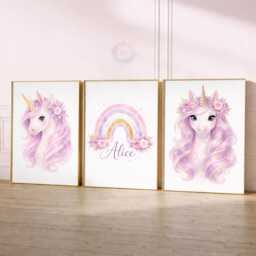 Unicorn Girls Bedroom Prints - Personalised Purple Set Of 3, Rainbow Nursery Wall Art - thumbnail 2