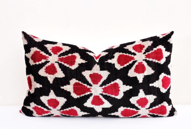 Red Black Velvet Ikat Pillow Cover, Handloom Silk - image 1