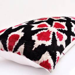 Red Black Velvet Ikat Pillow Cover, Handloom Silk - thumbnail 2