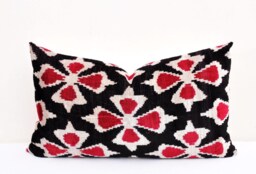 Red Black Velvet Ikat Pillow Cover, Handloom Silk - thumbnail 1