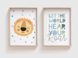 Set Of 2 Lion Print, Let The World Hear Your Roar Safari Nursery Prints, Jungle Nursery, Boys Bedroom Decor, Kids Wall Art, Blue - thumbnail 1