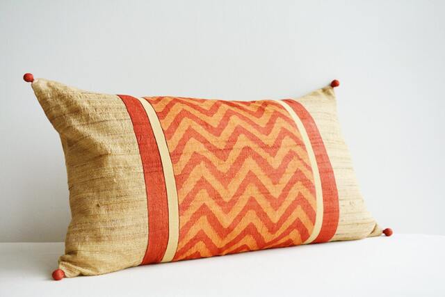 Chevron Rust & Burnt Orange Pillow Cover, Hand Block Printed Cushion Cover in Silk With Pattern , Throw Decorative - image 1